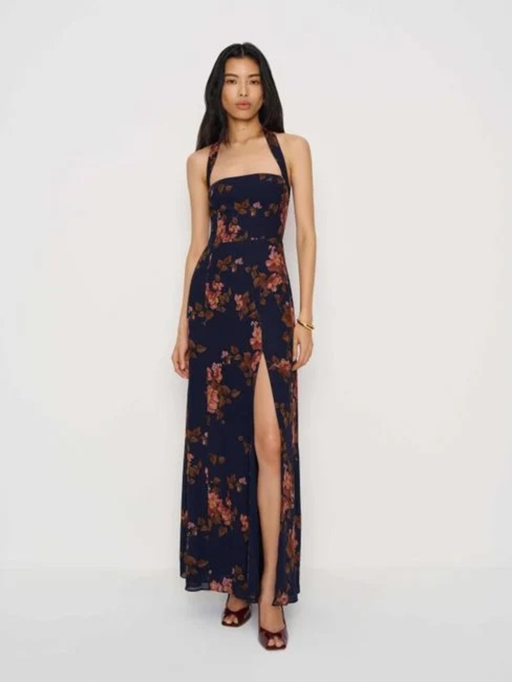 Reformation Jovelle Dress Lyric black red floral halter strap front slit corset